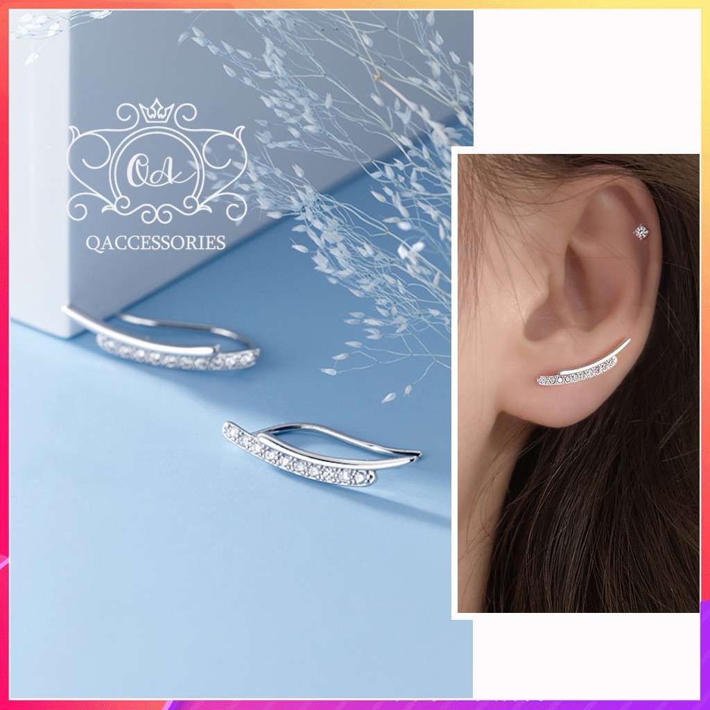Khuyên tai bạc cong kẹp vành đính đá bông tai bạc ôm vành S925 CURVE Silver Earrings SO00 - KÈM ẢNH THẬT