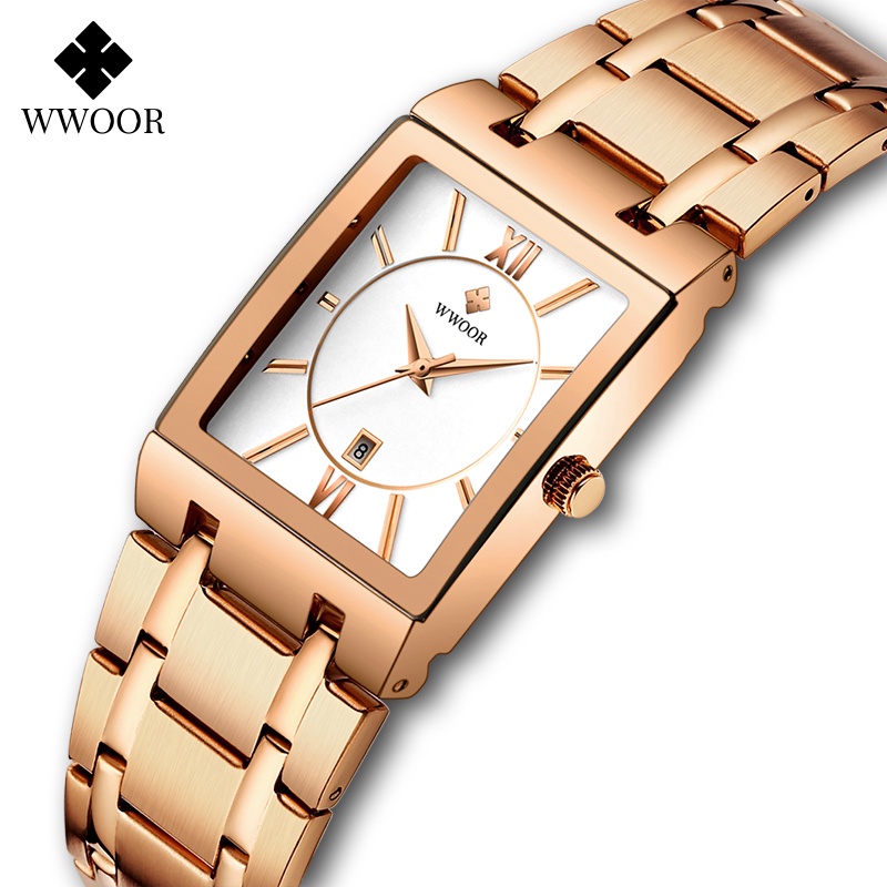 Wwoor Mới Đồng Hồ Đeo Tay Mặt Vuông Màu Vàng Hồng Sang Trọng Reloj Mujer-8858 Cho Nữ