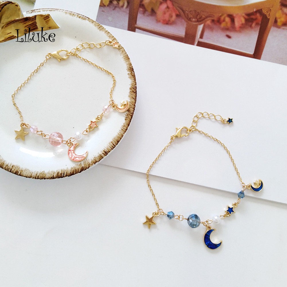 Vòng Tay Chuỗi Hạt Ngọc Trai Và Đá Nhân Tạo Hình Mặt Trăng Và Ngôi Sao Thời Trang