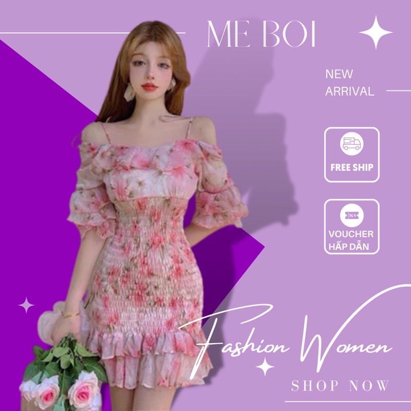 Váy bánh bèo ulzzang tiểu thư trễ vai chân xoè đuôi cá Hoạ Tiết hoa nhí ôm body