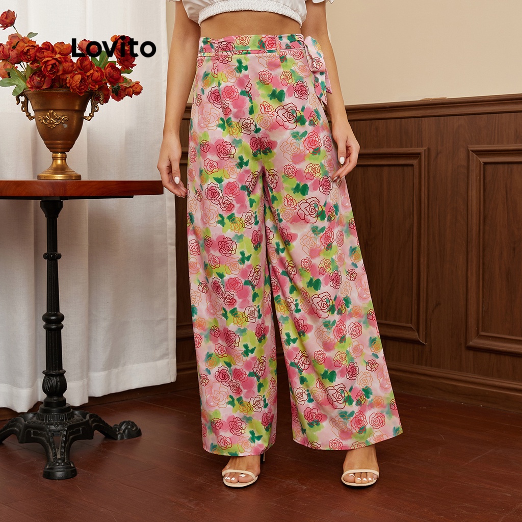Quần Lovito ống rộng có dây thắt lưng in họa tiết hoa phong cách thanh lịch L17E030 (Nhiều màu sắc)