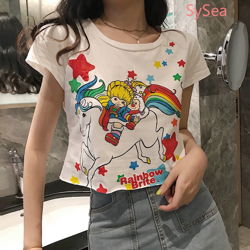 Áo Croptop Tay Ngắn Cổ Tròn Hoạ Tiết Cầu Vồng Đáng Yêu