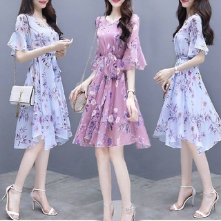 Đầm nữ dài tay cổ tròn eo thắt thời trang hàn
