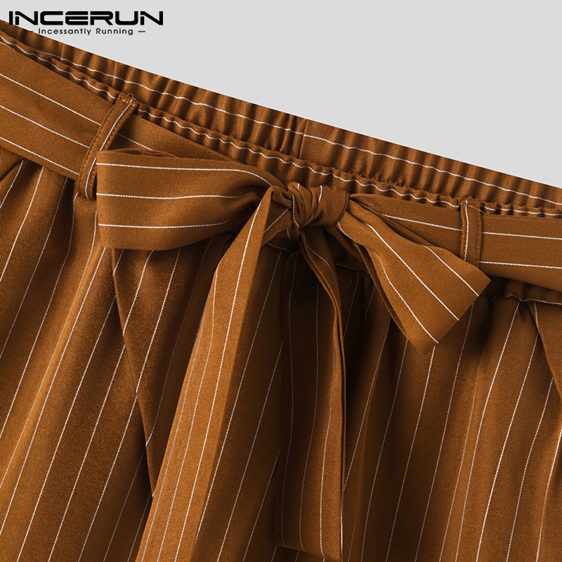 Quần INCERUN dáng rộng phối dây đai thiết kế kẻ sọc phong cách Hàn Quốc thời trang cho nam