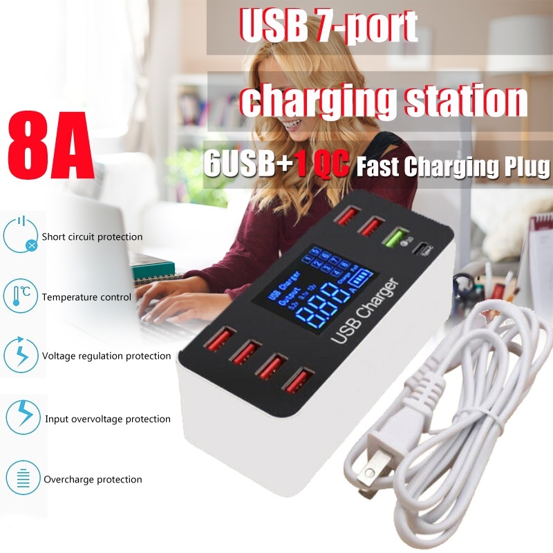 Trạm Sạc Nhanh 3.0 40W USB Type C 8 Cổng Có Đèn LED Kỹ Thuật Số Dành Cho Điện Thoại