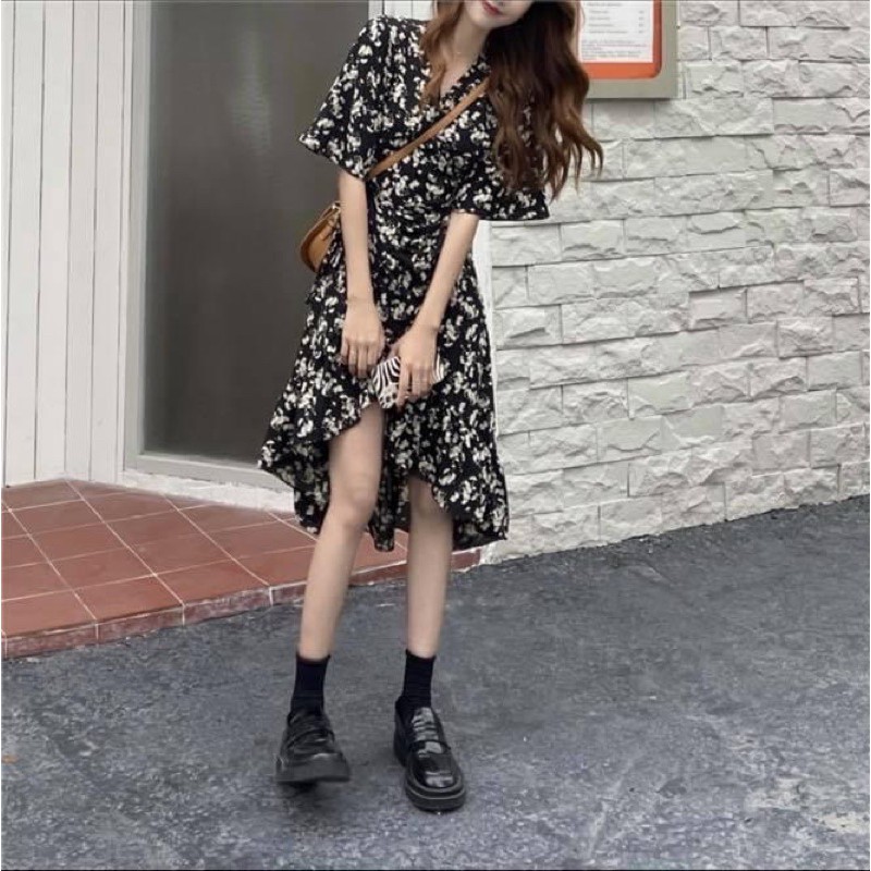 Đầm kiểu dài nữ maxi hoa nhí vạt chéo đắp ngang ngực tay ngắn voan chiffon - Order taobao quảng châu