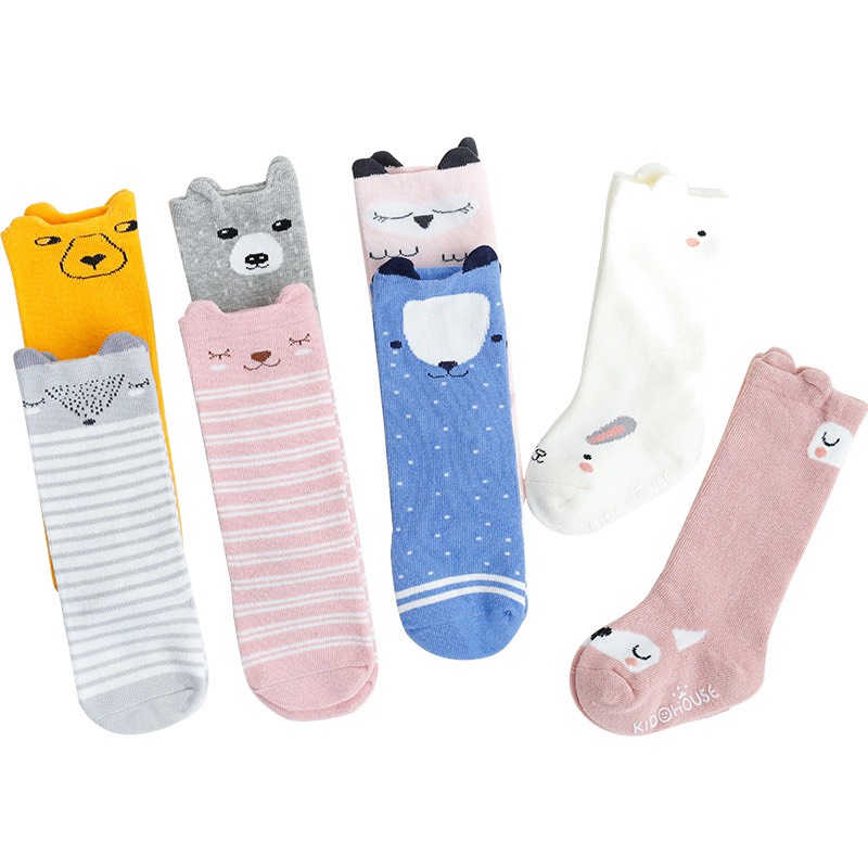 Tất KID SOCKS Cổ Cao Chống Trượt Cho Bé 0-3 Tuổi, 5 Màu Xinh Xắn, Chất Liệu Cotton Mềm Mịn