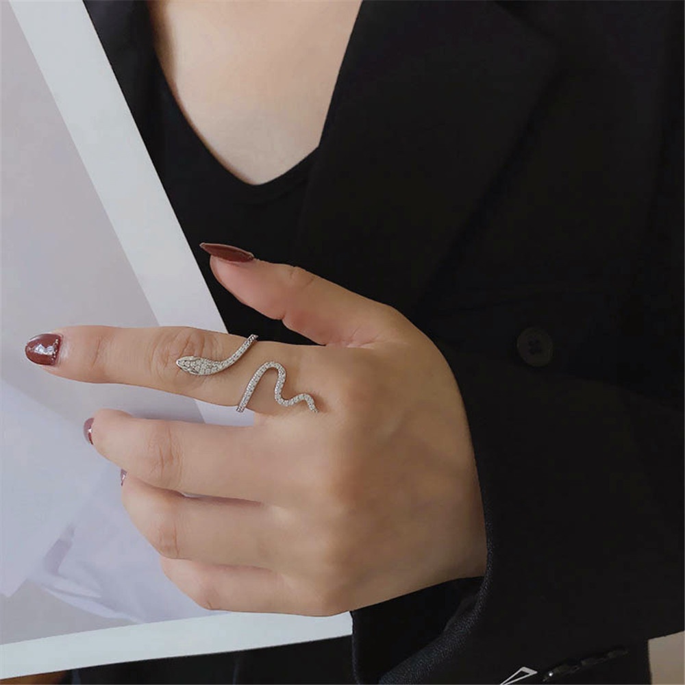 Nhẫn Hở Hình Rắn Mạ Bạc Đính Đá Kim Cương Phong Cách Hip Hop Sang Trọng Có Thể Điều Chỉnh Cho Nam Nữ
