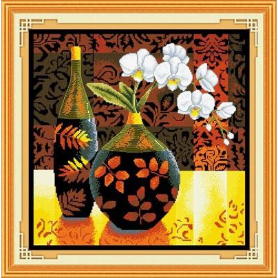 TRANH THÊU CHỮ THẬP (THÊU TOÀN BỘ) Hoa Lan Trắng A545 (TRANH TỰ THÊU) 54X54CM