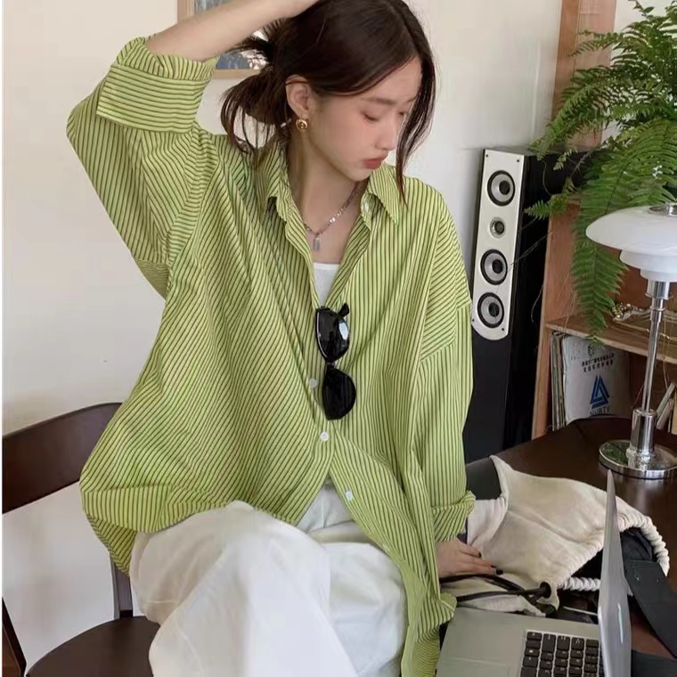 Áo sơ mi SUXI tay dài dáng rộng họa tiết kẻ sọc thời trang mùa hè cho nữ