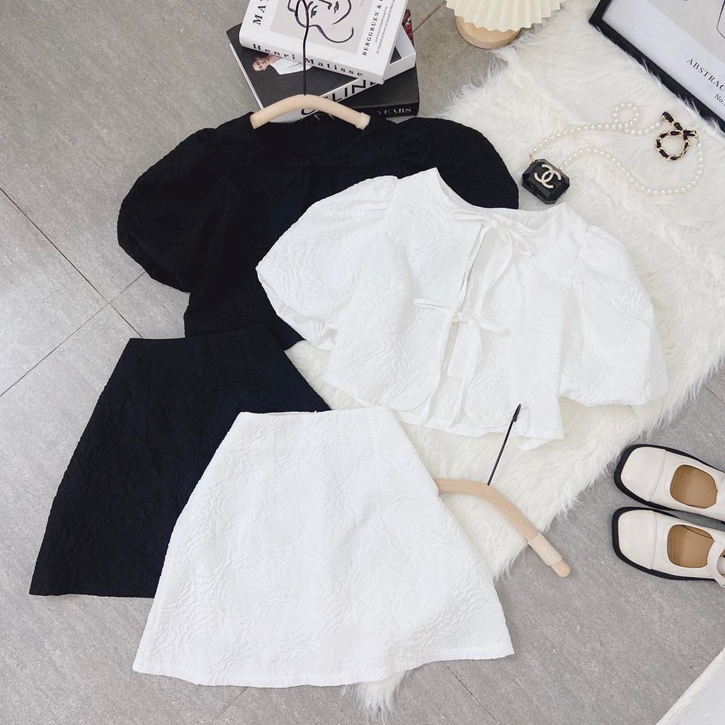 SET ÁO XỐP HOA NỔI CỘT DÂY THẮT NƠ + CHÂN VÁY