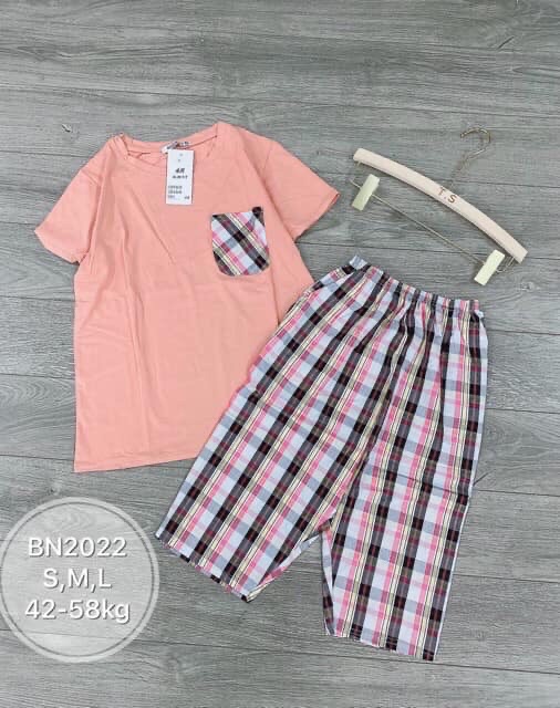 Bộ mặc nhà quần ngố kẻ áo cotton đáp túi ( ảnh thật)