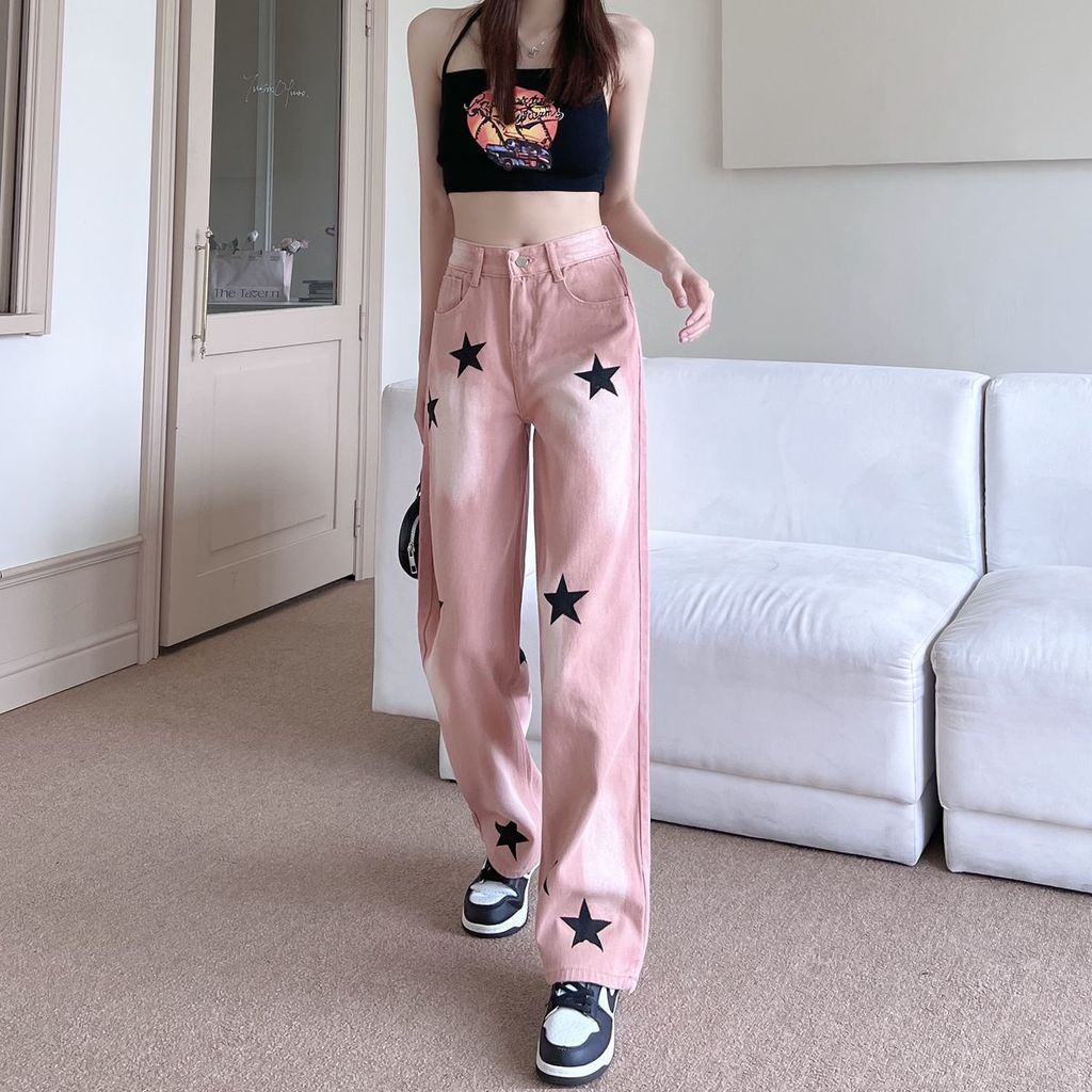 Quần Jean Eo Cao Dáng Rộng In Hình Ngôi Sao Màu Gradient Phong Cách Đường Phố Mỹ Cá Tính Dành Cho Nữ