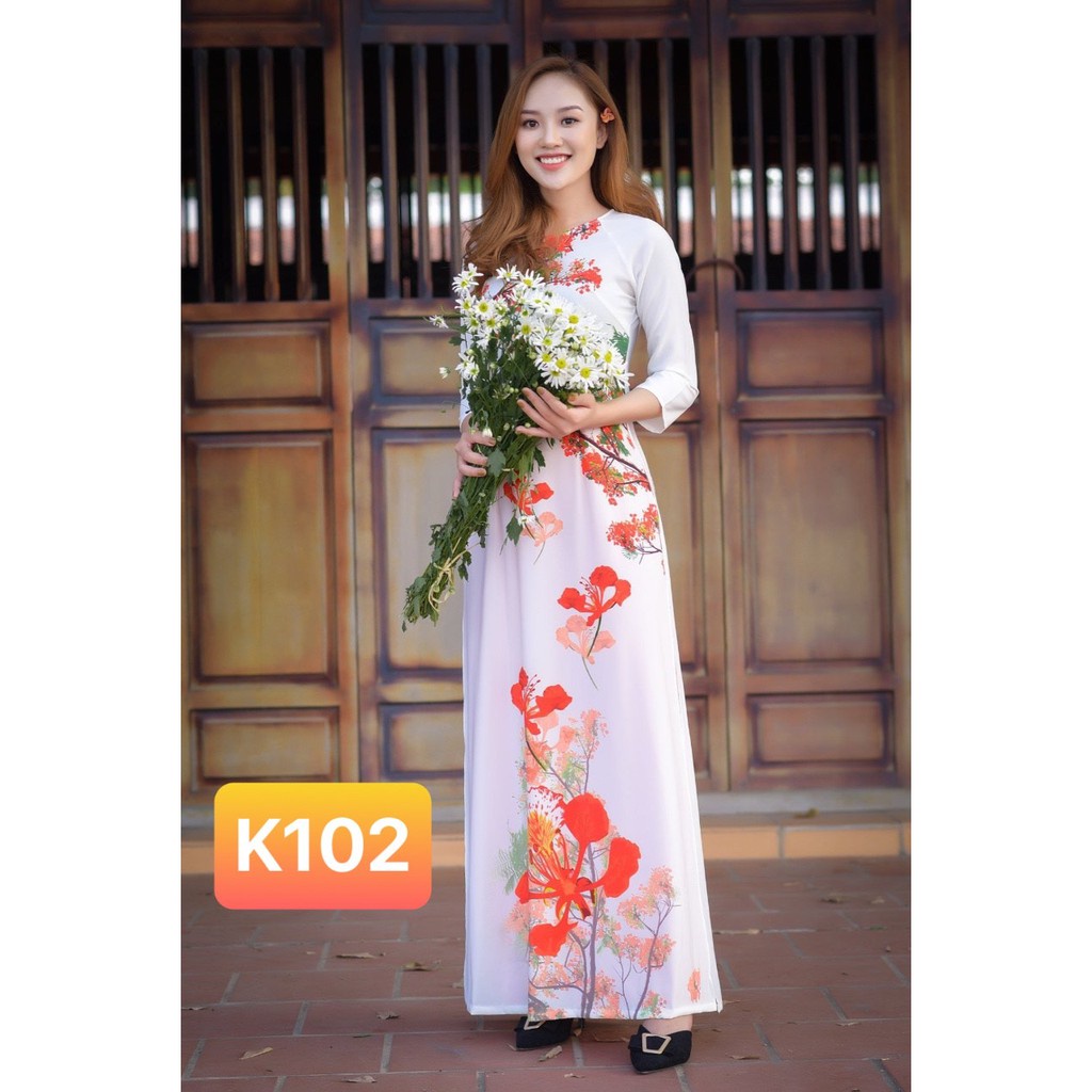 ㍿◎✆Áo dài trắng nữ sinh hoa phượng đỏ K102 học Thúy Kiều cách tân mềm mại co giãn