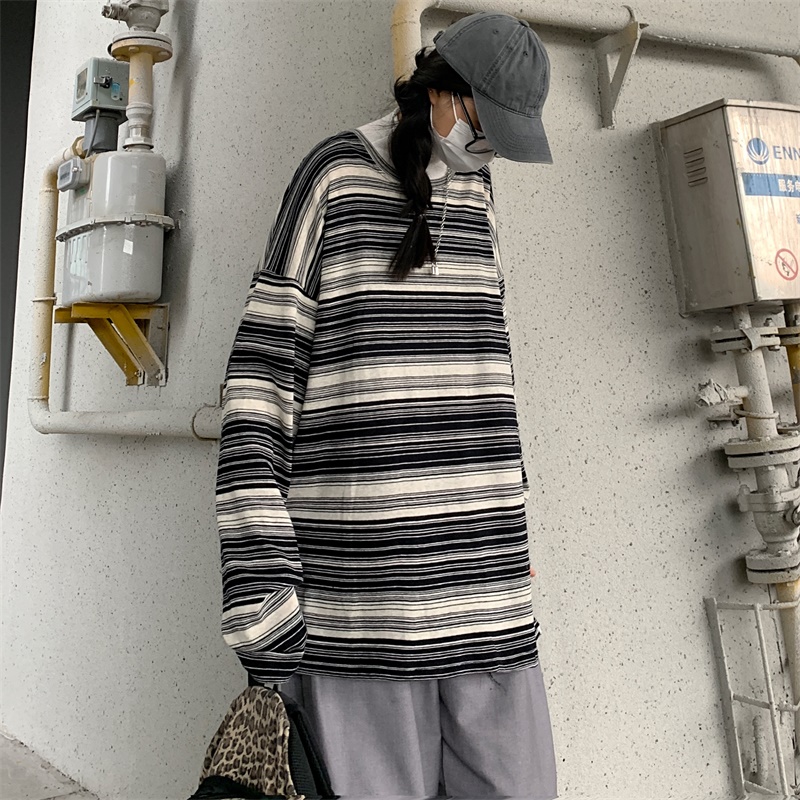 Áo Thun Tay Dài Kẻ Sọc Ngang Trẻ Trung Hợp Thời Trang  198608Áo Dáng Rộng Phong Cách Harajuku Dễ Phối Đồ Dành Cho Nam Và Nữ