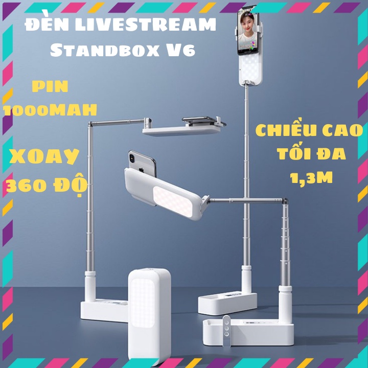 Đèn Livestream Standbox V6 thông minh có đèn LED và đỡ điện thoại thông minh xoay 360, kết nối bluetooth