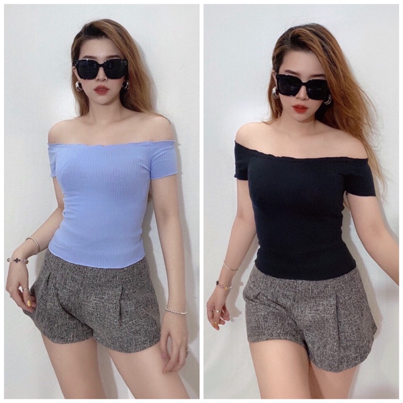 Áo croptop bẹt vai thun bo gân 2 màu