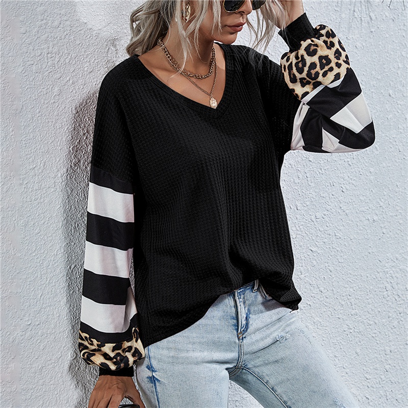 European and American Women Autumn and Winter Women's Clothing Women's Striped Stitching Long-sleeved T-shirt