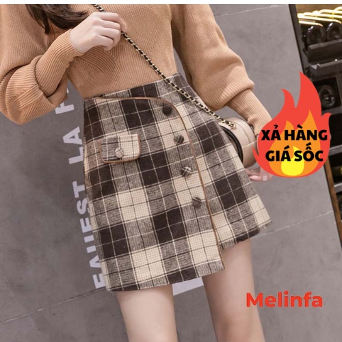 Xả hàng - Chân Váy Chữ A, đầm chữ A vải dạ kẻ Caro to cách điệu vạt chéo trẻ trung phong cách Hàn Quốc mã VAV0140