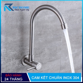 Vòi rửa chén bát đơn lạnh gắn tường OS204 inox 304 nguyên khối dáng tròn cần xoay 360 độ - Bảo hành 2 năm toàn quốc
