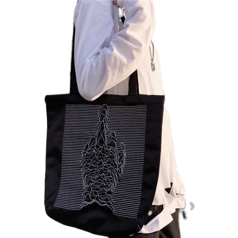 Túi tote đeo vai bằng canvas thêu hình ngọn núi màu đen đơn giản cá tính 22004