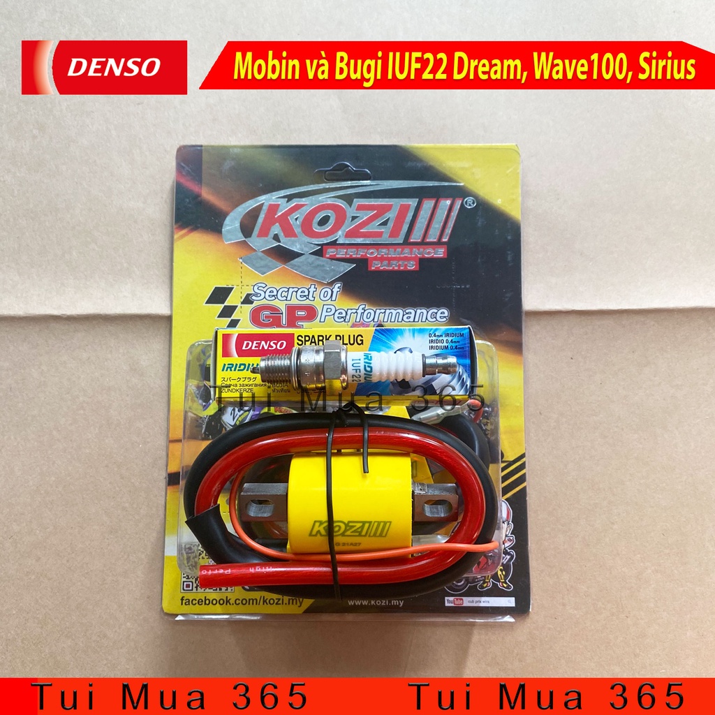 Mobin Sườn và Bugi Denso IUF 22 Độ Lửa Mạnh cho Dream, Wave 100cc, Sirius 50cc, Sirius Xăng Cơ, Galaxy 50cc, Wave 50cc
