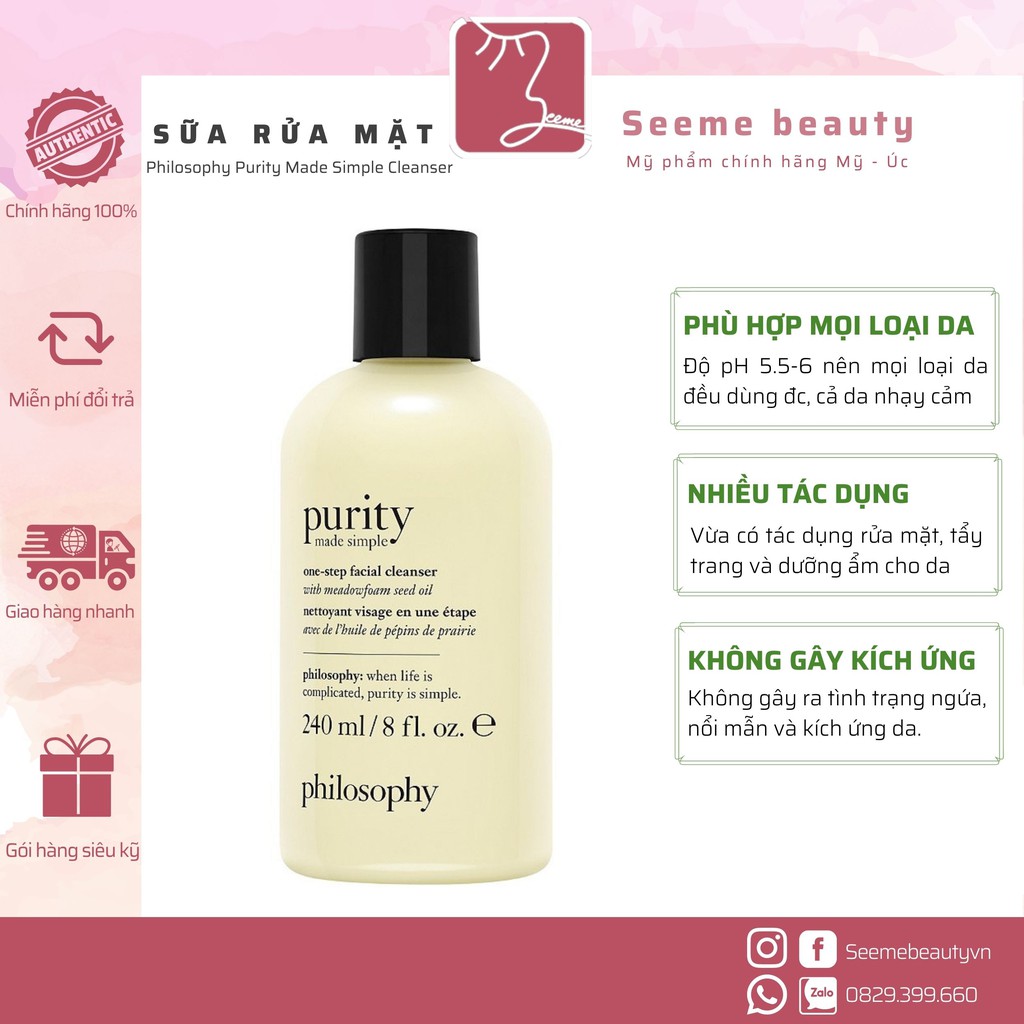 [SẴN, BILL MỸ] Sữa Rửa Mặt Philosophy Purity Made Simple Cleanser [SeeMe beauty]