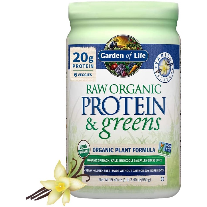 HŨ BỘT ĐẠM - RAU XANH HỮU CƠ - NGUYÊN CHẤT Garden of Life Raw Organic Protein & Greens - VỊ VANILLA, 550g