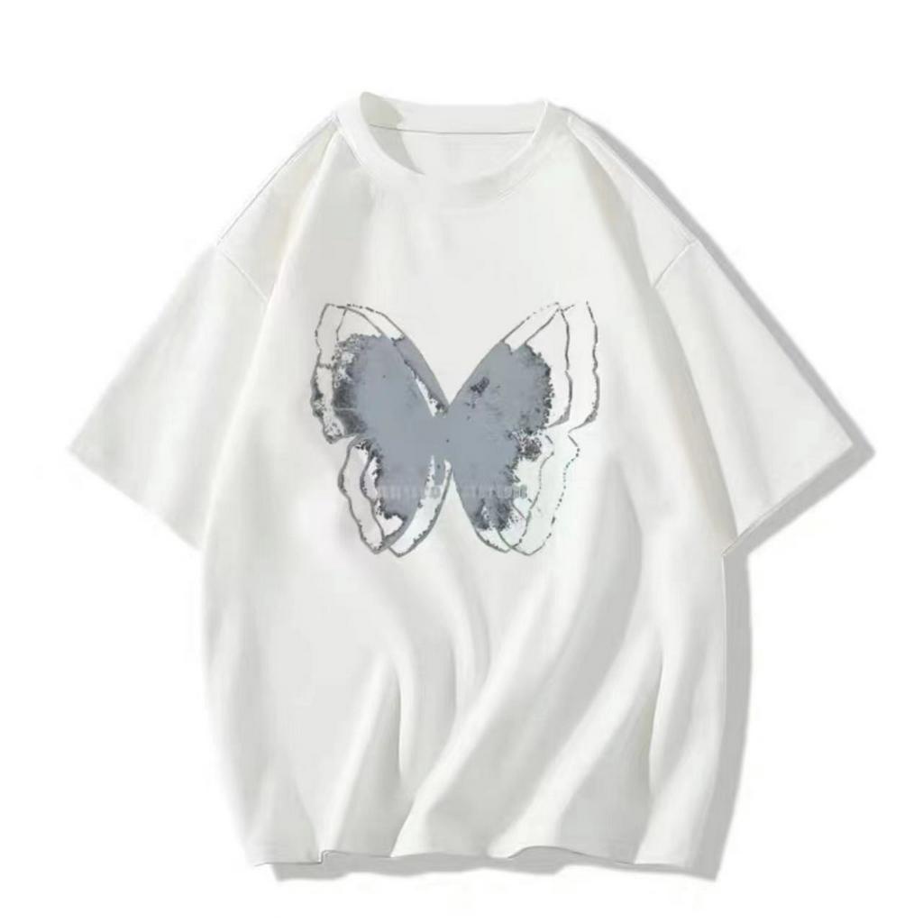 SELVZE Áo Thun Cotton Ngắn Tay Dáng Rộng In Họa Tiết Bướm Cổ Điển Cá Tính