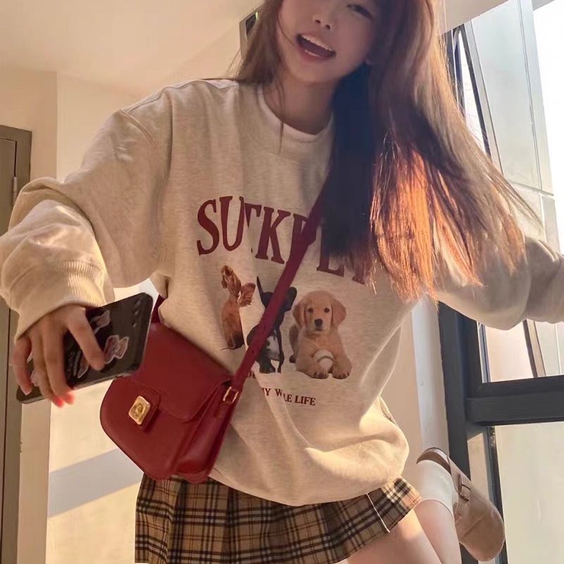 SUXI Áo Nỉ Dài Tay Cổ Tròn Màu Trơn In Chữ Thời Trang Cho Nữ