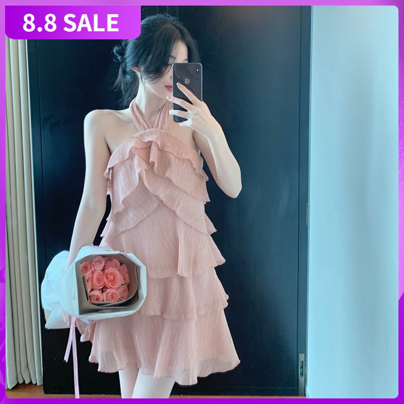 2022 retro lotus leaf edge chiffon cake skirt sexy neck shoulder high waist fluffy dress