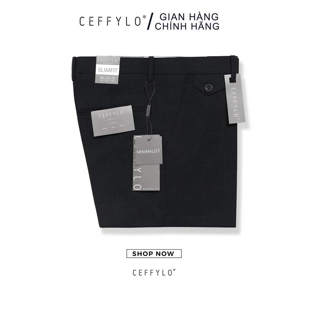Quần âu Nam kẻ caro Đen dáng ôm Công Sở CEFFYLO Chất Liệu Cotton Cao Cấp