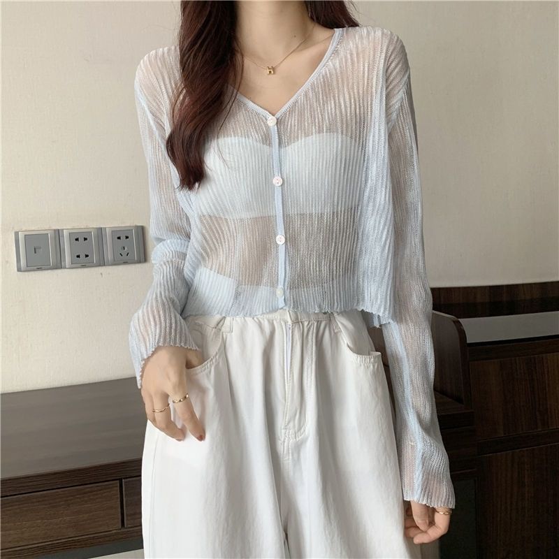 Áo Khoác Cardigan Ngắn Dệt Kim Vải Lụa Lạnh Mỏng Xuyên Thấu Thời Trang Mùa Hè Cho Nữ