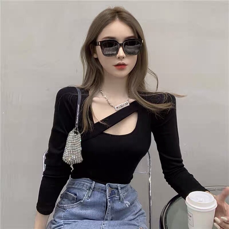 Áo kiểu croptop tay dài phối dây chéo cho nữ cá tính