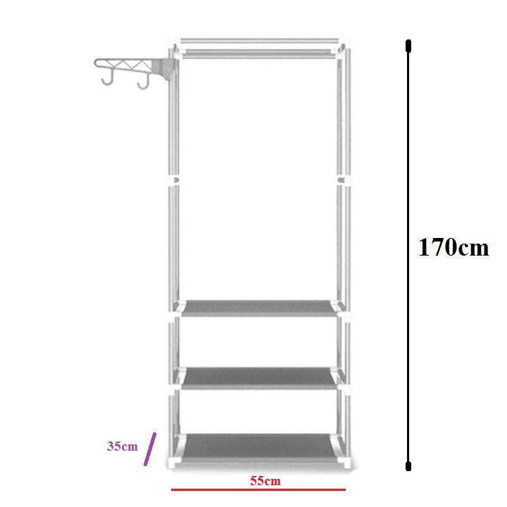 Kệ treo quần áo 4 tầng 170cm - kệ Inox cao cấp chữ H 3 ngăn đựng đồ