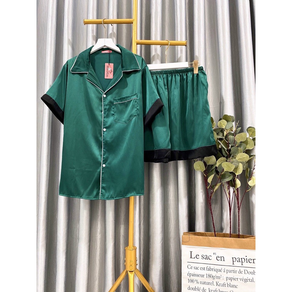 Đồ bộ Pijama Lụa Satin Cao Cấp (Đùi - Xanh lá viền trắng) Loại 1