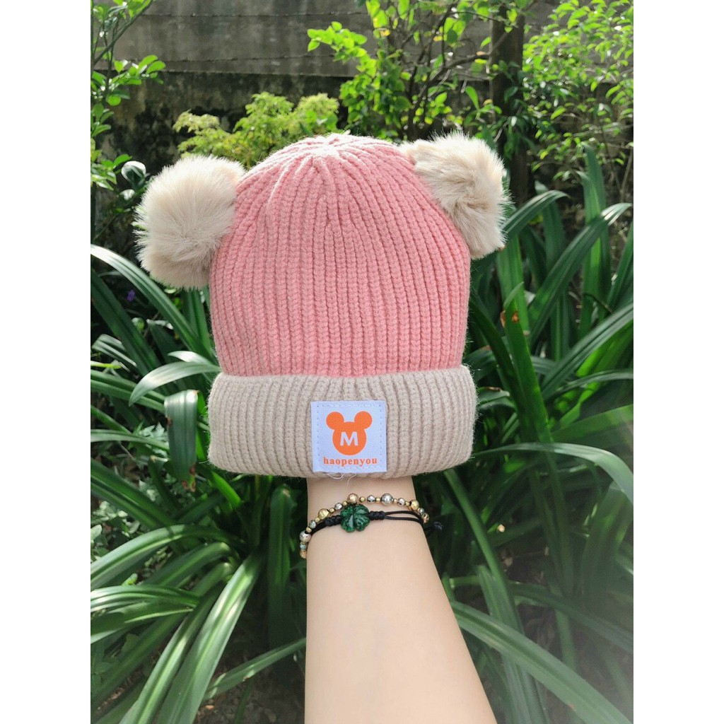 Mũ len cho bé 2 quả bông lót nỉ Mickey (6 tháng - 3 tuổi)