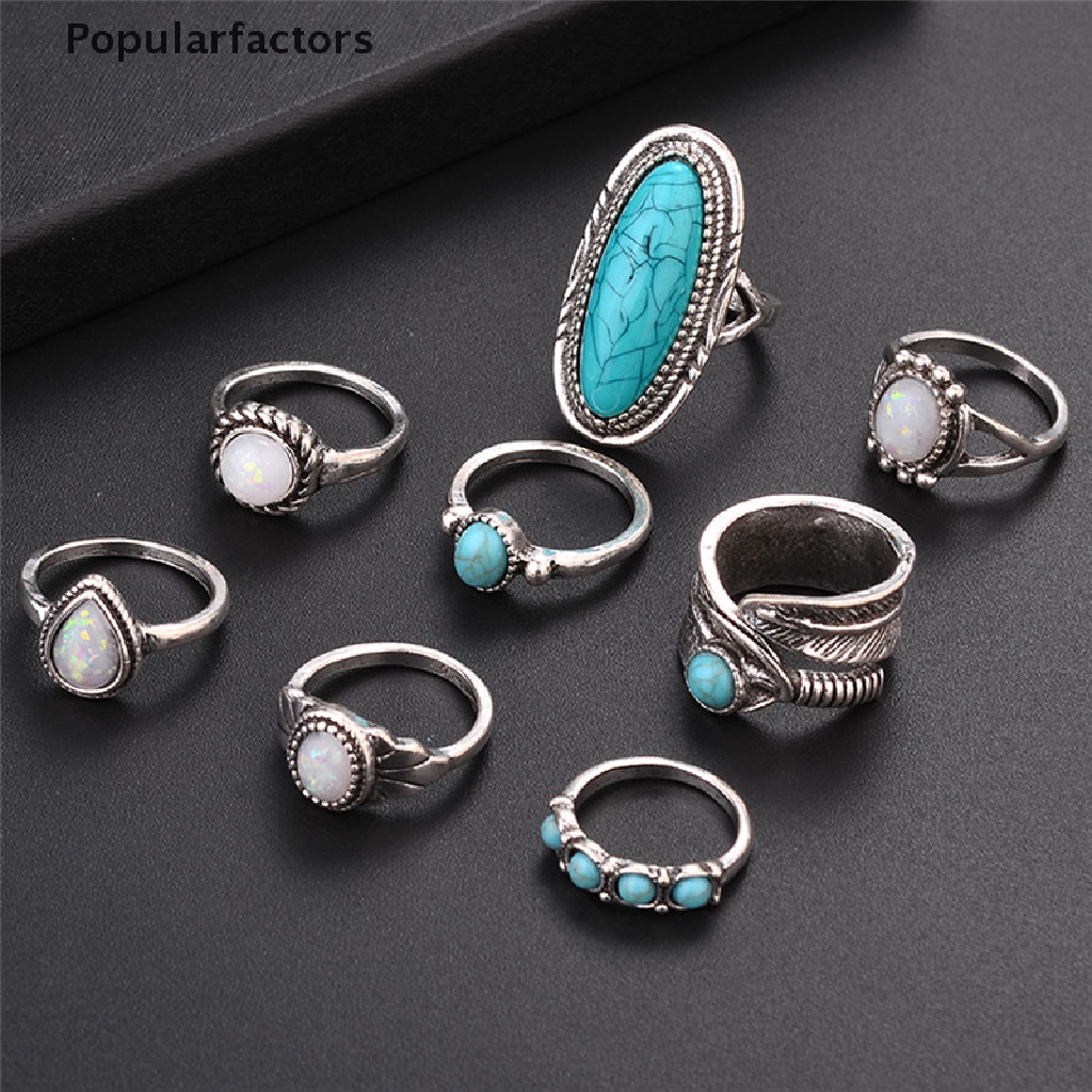 Set 8 Nhẫn Đá Opal Phong Cách Bohemian Thời Trang