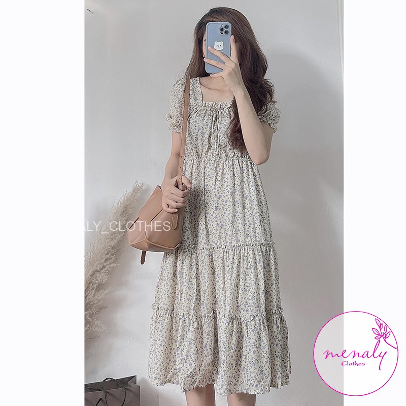 Váy hoa nhí tiểu thư cổ vuông tay bồng ngắn VH043, mẫu váy đầm 2 lớp nữ dáng xòe tầng nữ tính cổ nơ