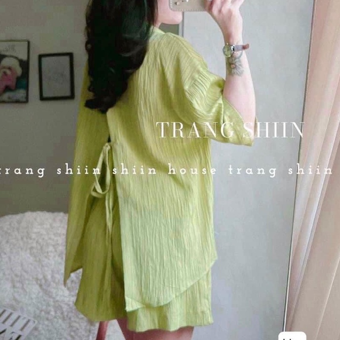 Set bộ sơ mi cộc xẻ lưng sau chất đũi kẻ xước mát bầu mặc được vanmiushop