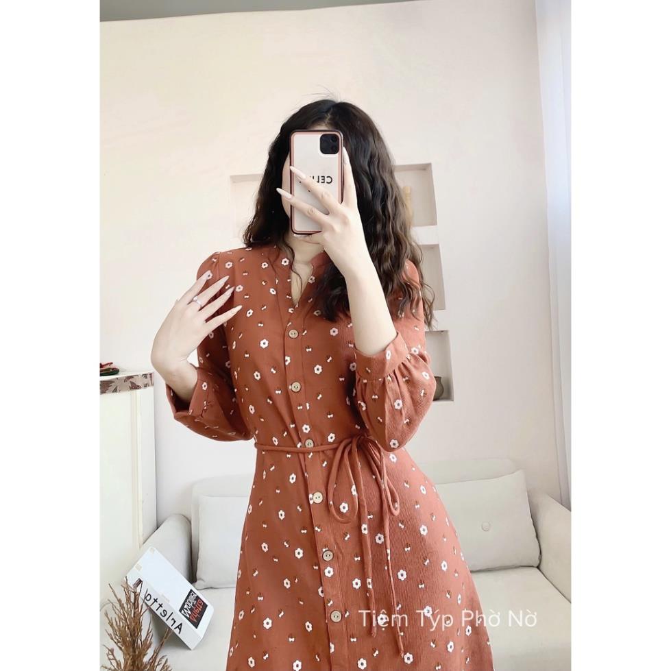 Váy Nhung Tăm Hoa Nhí Helen Dress Dáng Suông Có Thắt Eo, Váy Thu Đông Màu Cam Đất HT
