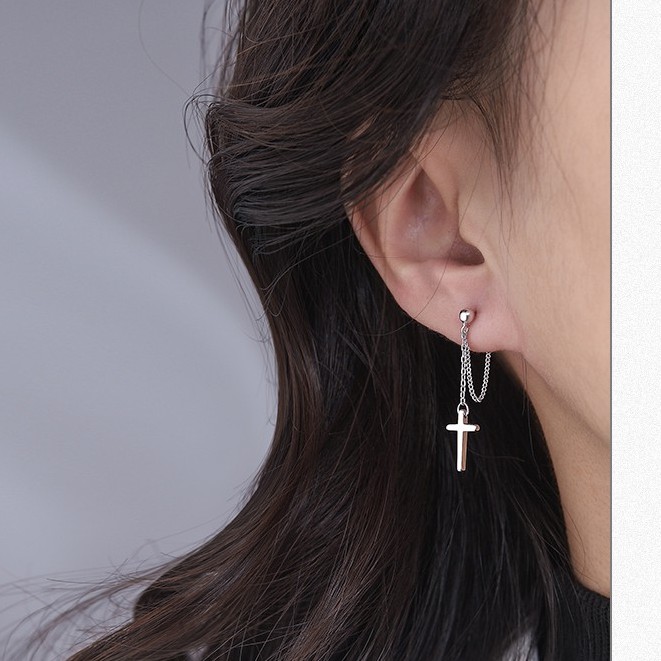 Bông tai bạc ý 925 hình chữ thập thánh giá nam nữ