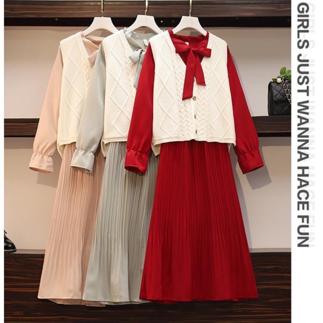 Sét váy kèm gile LEN Cổ nơ +váy tơ mềm hàng quảng châu ulzzang  dáng hàn quốc .7 ngày có hàng.