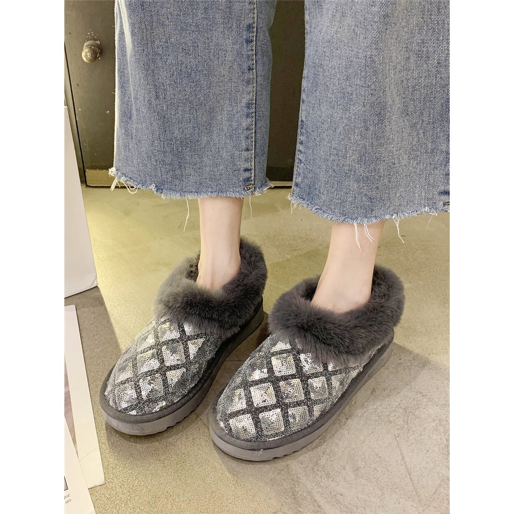 Giày Bốt Đi Tuyết Đế Bằng Lót Nhung Cotton Đính Kim Sa Thời Trang Mùa Đông 2020 Cho Nữ