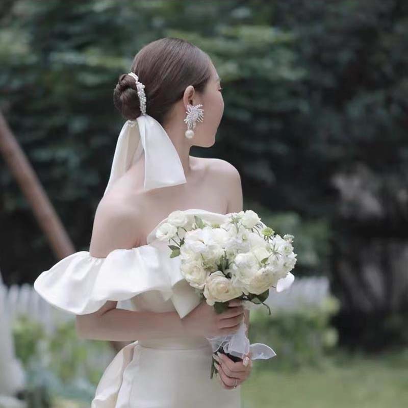 Dây Buộc Tóc Nơ Vải Satin Đính Ngọc Trai Phong Cách Retro Cho Cô Dâu