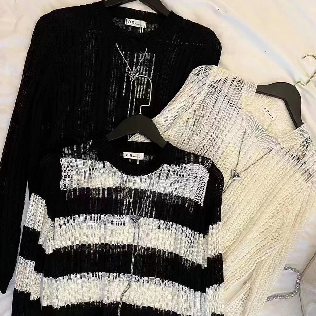 Áo dệt kim mỏng SUXI tay dài dáng rộng họa tiết kẻ sọc thời trang mùa hè xinh xắn cho nữ