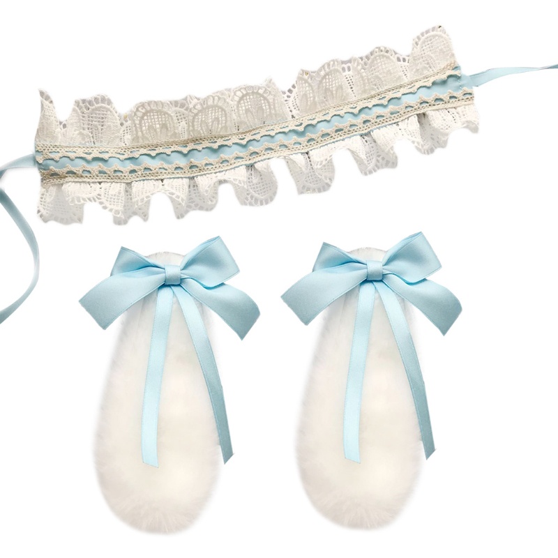 Băng Đô Tai Thỏ Bằng Lông Nhung Phối Bèo Nhún Có Thể Tháo Rời Hóa Trang