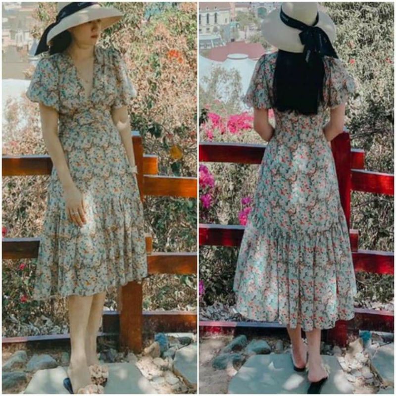 Đầm maxi lụa hoa nhí đuôi cá tay bồng, cổ V sâu nhíu ply | BigBuy360 - bigbuy360.vn