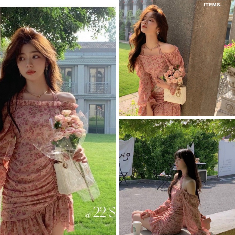 Đầm hoa nhí hồng cổ yếm váy nữ vintage bèo xếp ly đi chơi đi du lịch sang chảnh