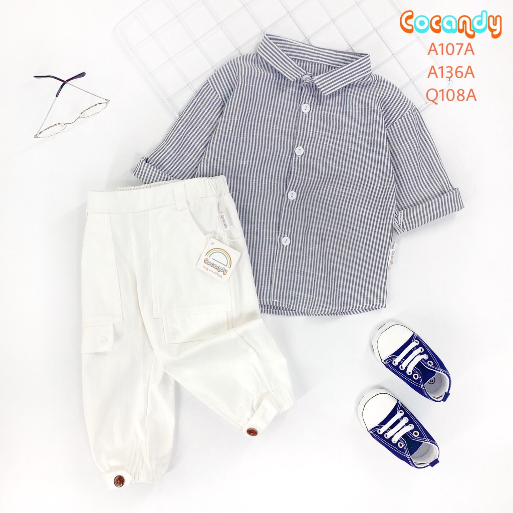 Set đồ cho bé -Áo sơ mi sọc Xanh Đen và quần kaki trắng dài cho bé của COCANDY mã A107A, Q108A